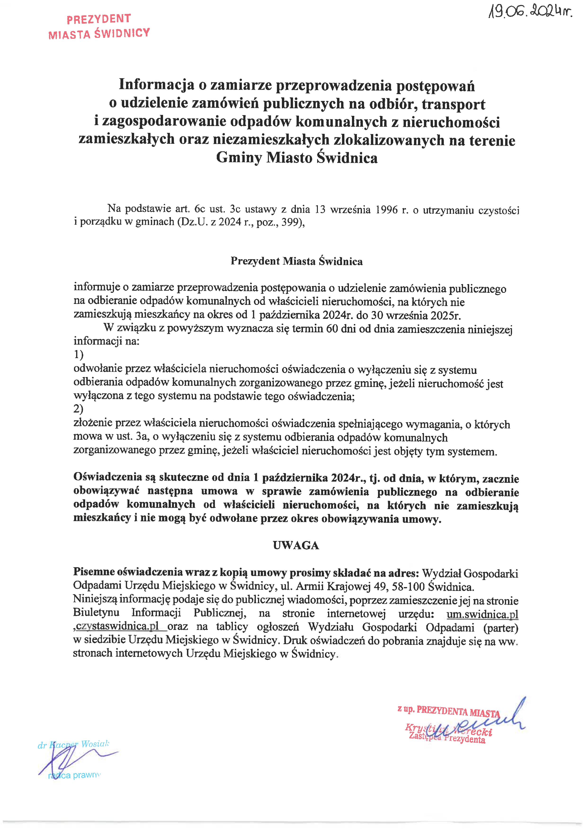 Informacja o zamiarze przeprowadzenia postępowania o udzielenie zamówienia publicznego na odbieranie odpadów komunalnych