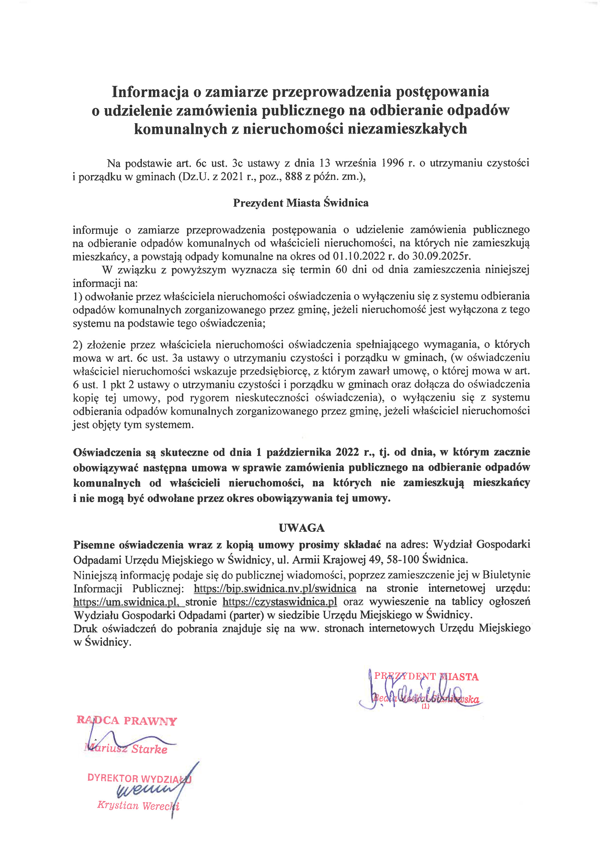 Informacja o zamiarze przeprowadzenia postępowania o udzielenie zamówienia publicznego na odbieranie
 odpadów komunalnych z nieruchomości niezamieszkałych